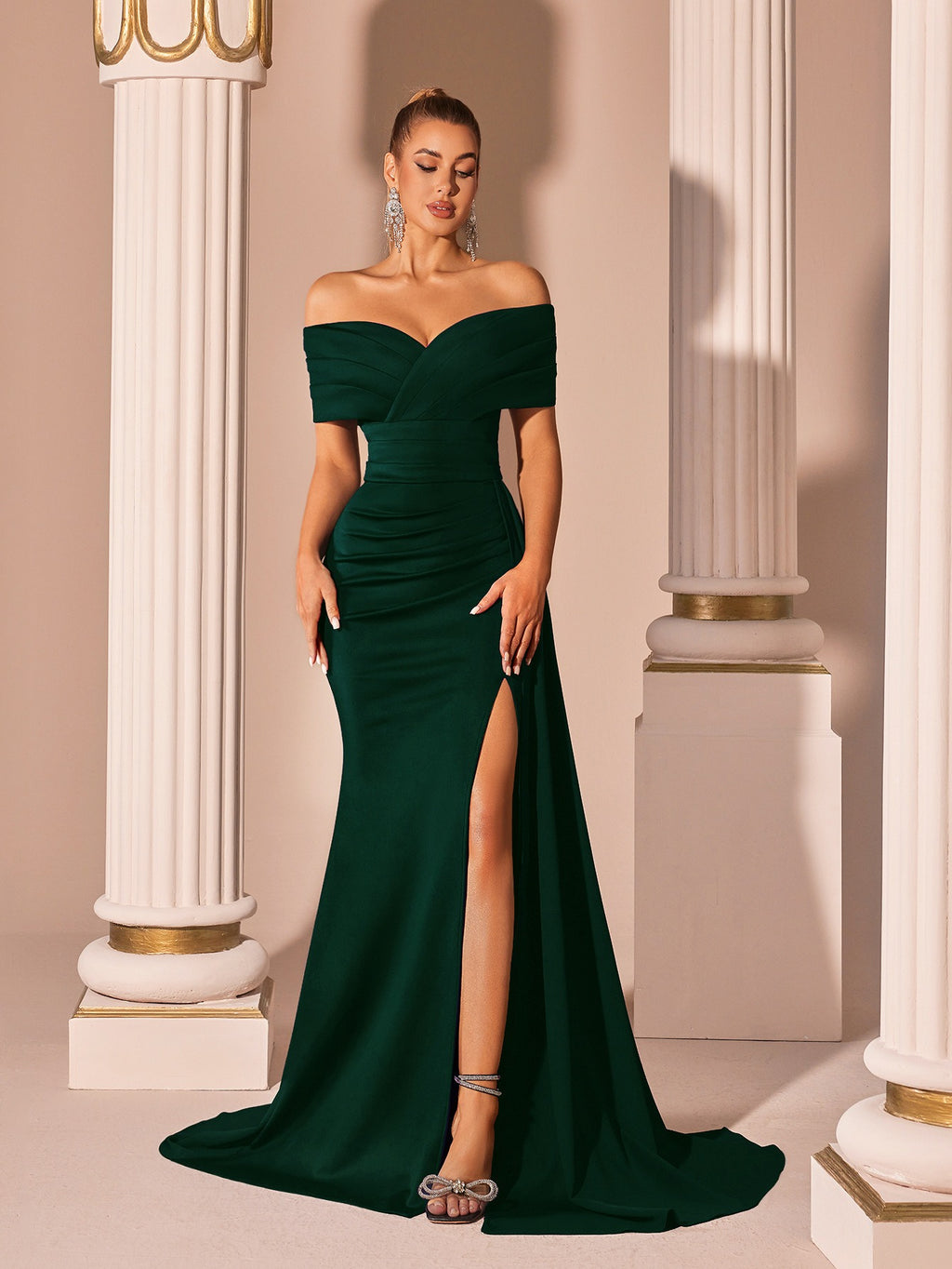 Off-Shoulder Gown with High Slit – Elegant Evening Dress - Styeenigma