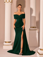 Off-Shoulder Gown with High Slit – Elegant Evening Dress - Styeenigma