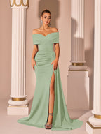 Off-Shoulder Gown with High Slit – Elegant Evening Dress - Styeenigma
