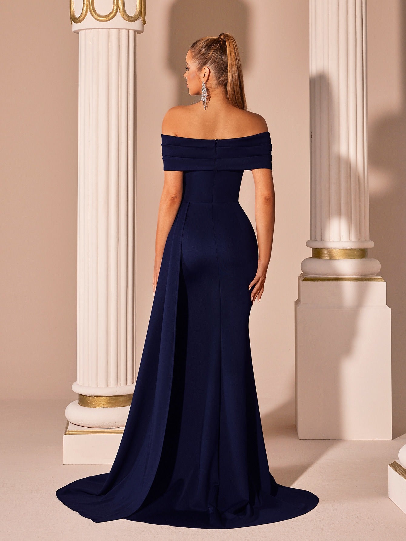 Off-Shoulder Gown with High Slit – Elegant Evening Dress - Styeenigma