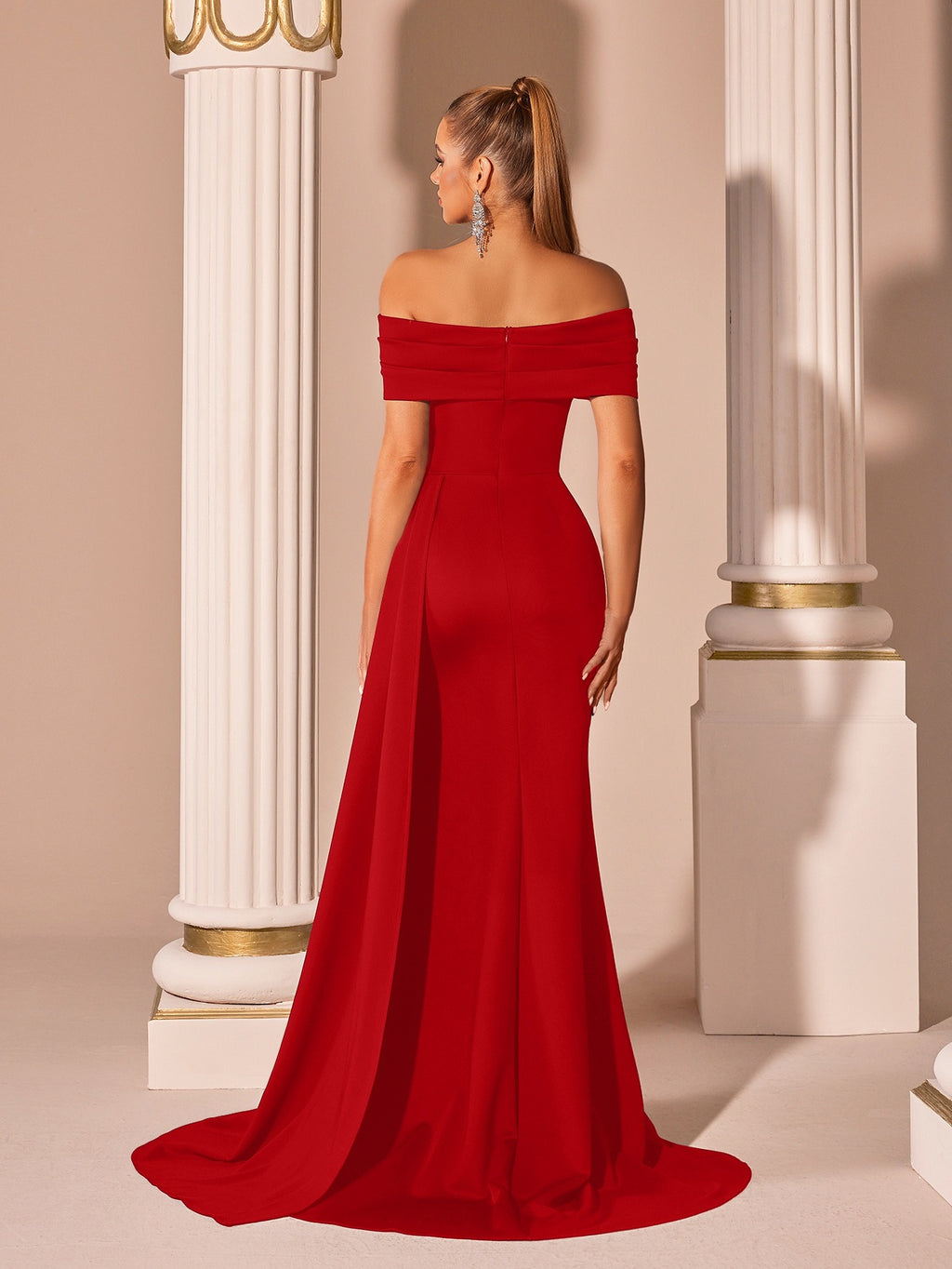 Off-Shoulder Gown with High Slit – Elegant Evening Dress - Styeenigma