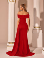Off-Shoulder Gown with High Slit – Elegant Evening Dress - Styeenigma