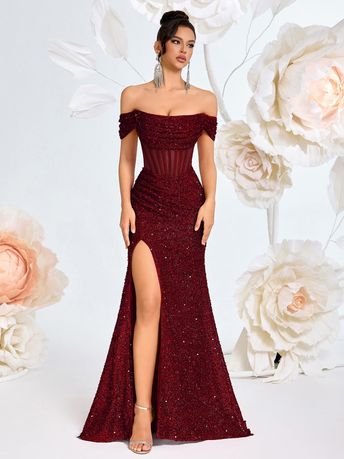 Off-Shoulder Sequin Gown | High Slit Evening Dress | Sparkling Formal Maxi Dress for Party, Prom & Wedding Guest - Styeenigma
