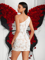 One Shoulder White Lace Mini Dress - Sexy Body-con Party Evening Gown for Women