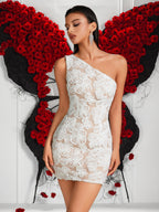 One Shoulder White Lace Mini Dress - Sexy Body-con Party Evening Gown for Women