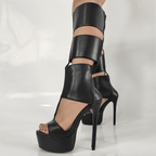 Women's Sexy Platform Stiletto Heel Sandals - Open Toe Cut Out Gladiator Knee High Boots - Styeenigma