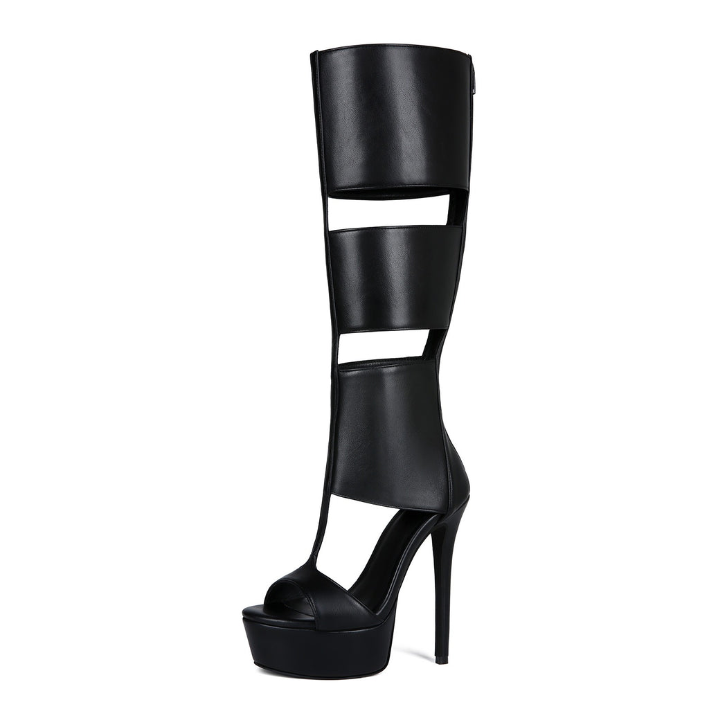 Women's Sexy Platform Stiletto Heel Sandals - Open Toe Cut Out Gladiator Knee High Boots - Styeenigma