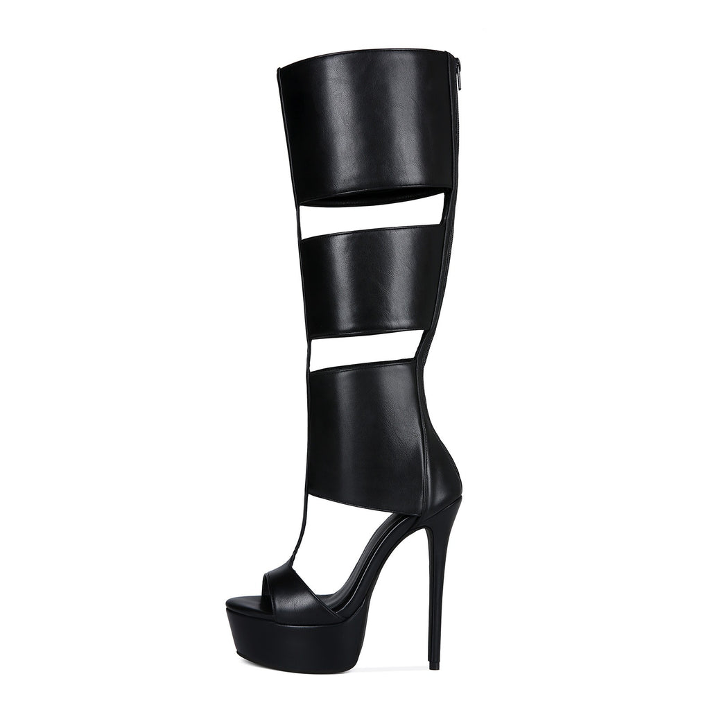 Women's Sexy Platform Stiletto Heel Sandals - Open Toe Cut Out Gladiator Knee High Boots - Styeenigma