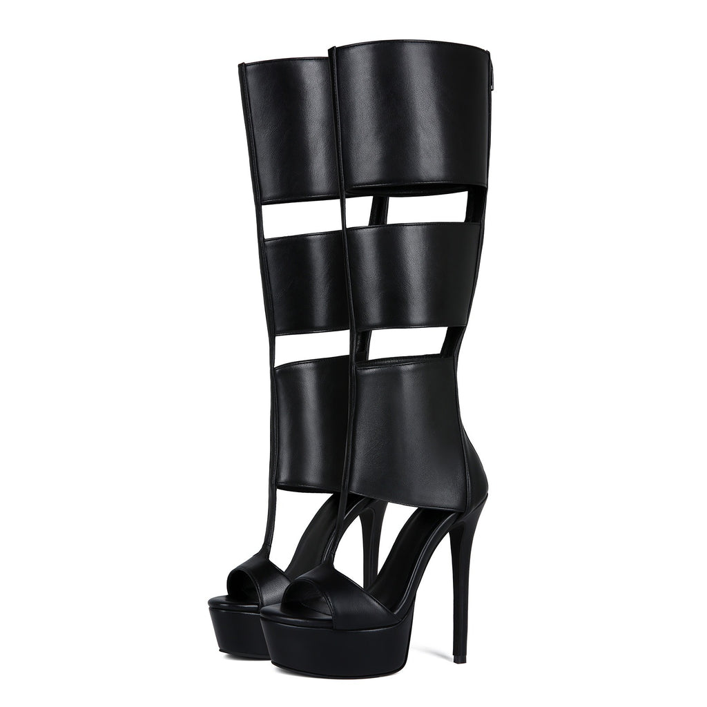 Women's Sexy Platform Stiletto Heel Sandals - Open Toe Cut Out Gladiator Knee High Boots - Styeenigma