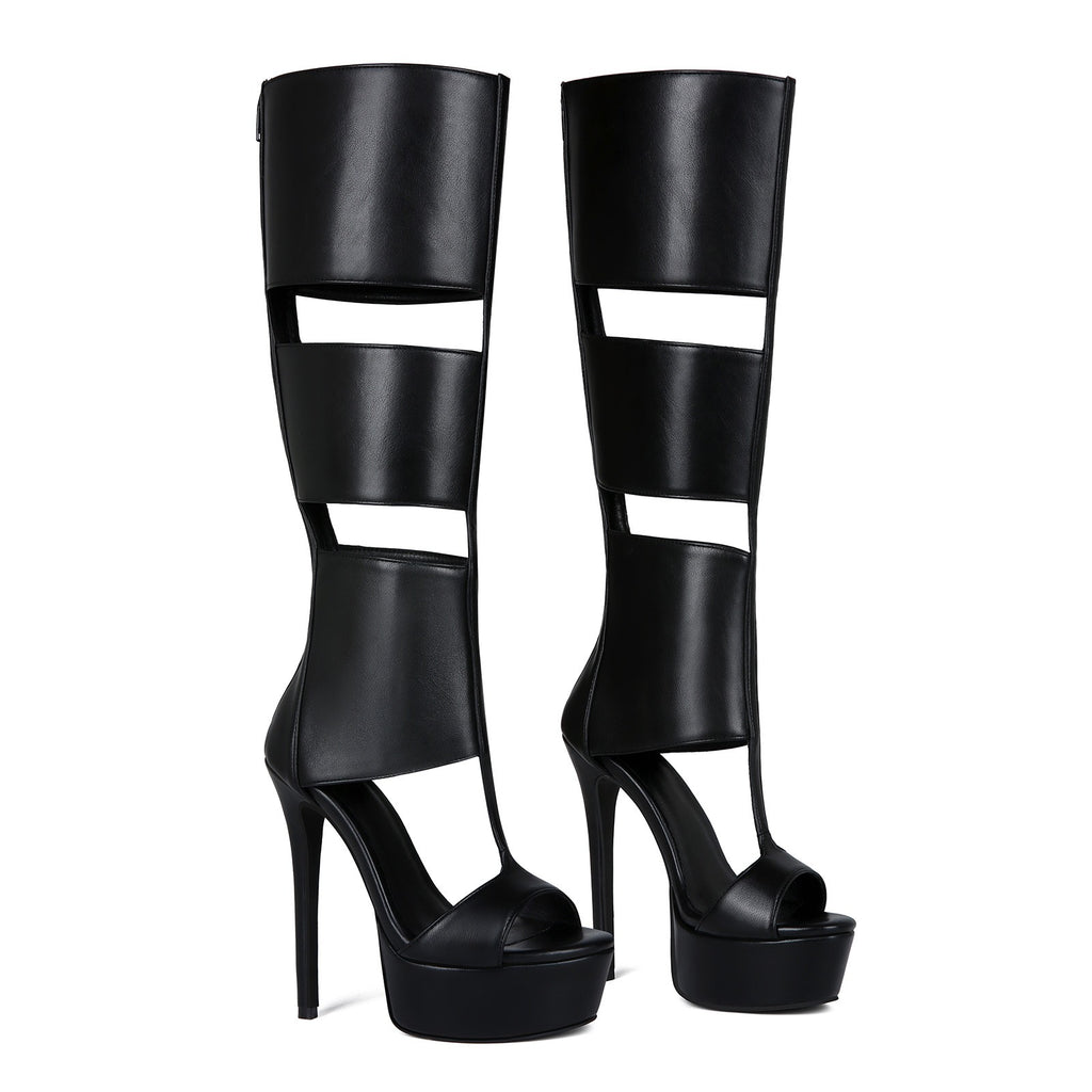 Women's Sexy Platform Stiletto Heel Sandals - Open Toe Cut Out Gladiator Knee High Boots - Styeenigma