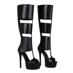 Women's Sexy Platform Stiletto Heel Sandals - Open Toe Cut Out Gladiator Knee High Boots - Styeenigma
