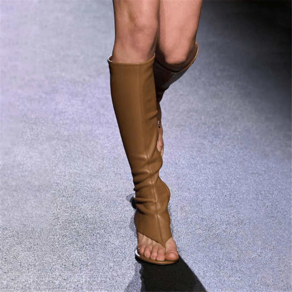 Open Toe Knee High Boots | Heeled Mules for Street Style - Styeenigma