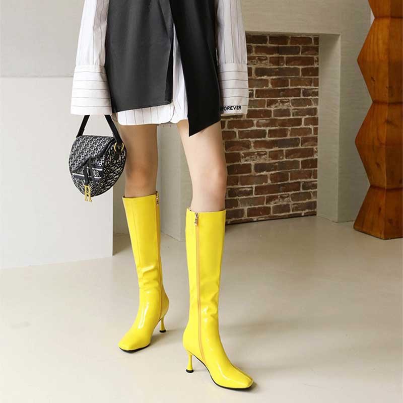 Patent Faux Leather Knee High Boots Stiletto Heel Pointed Toe - Styeenigma