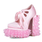Pink Satin Frilly Platform Heels with Tulle Ruffles & Bow – Y2K Kawaii Style - Styeenigma