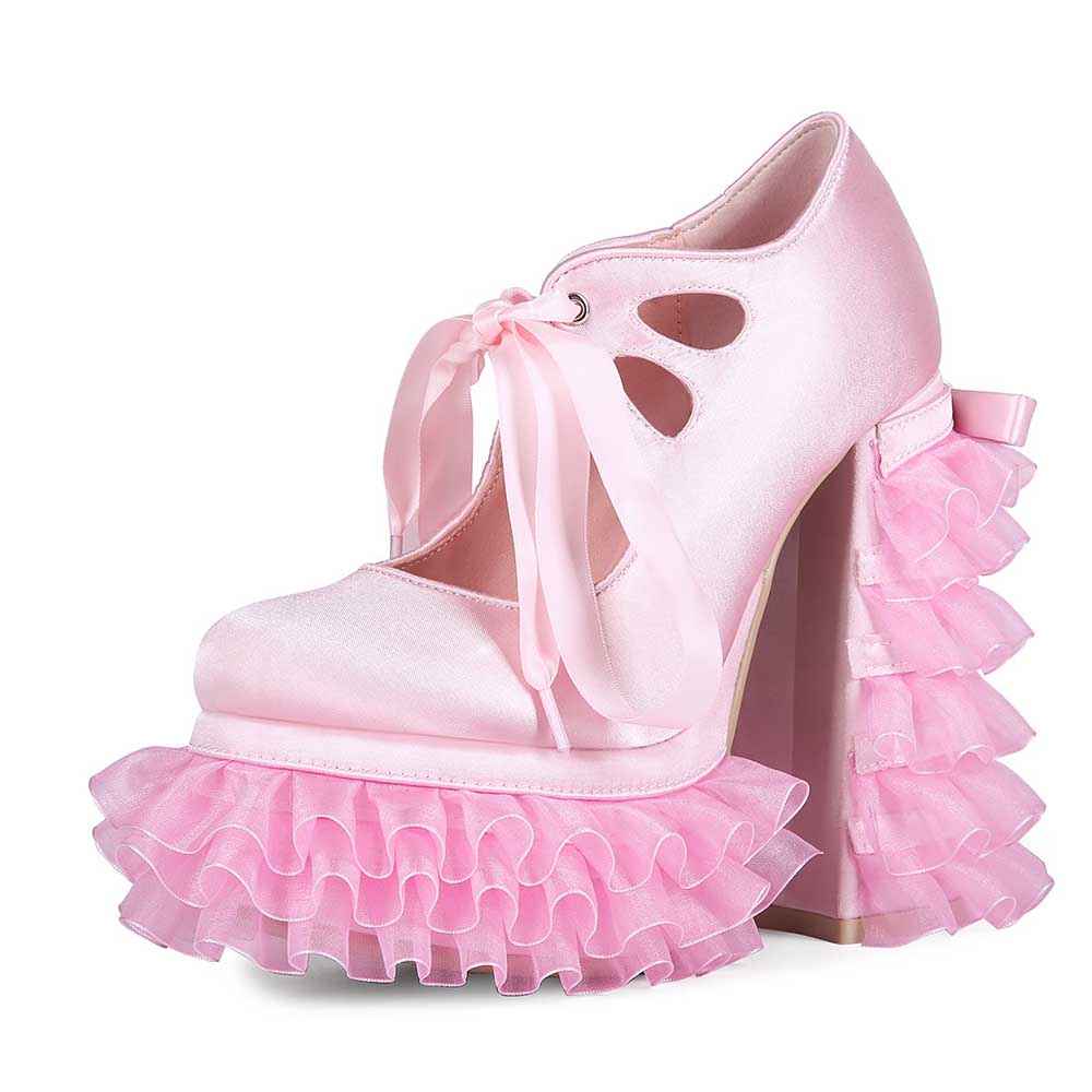 Pink Satin Frilly Platform Heels with Tulle Ruffles & Bow – Y2K Kawaii Style - Styeenigma