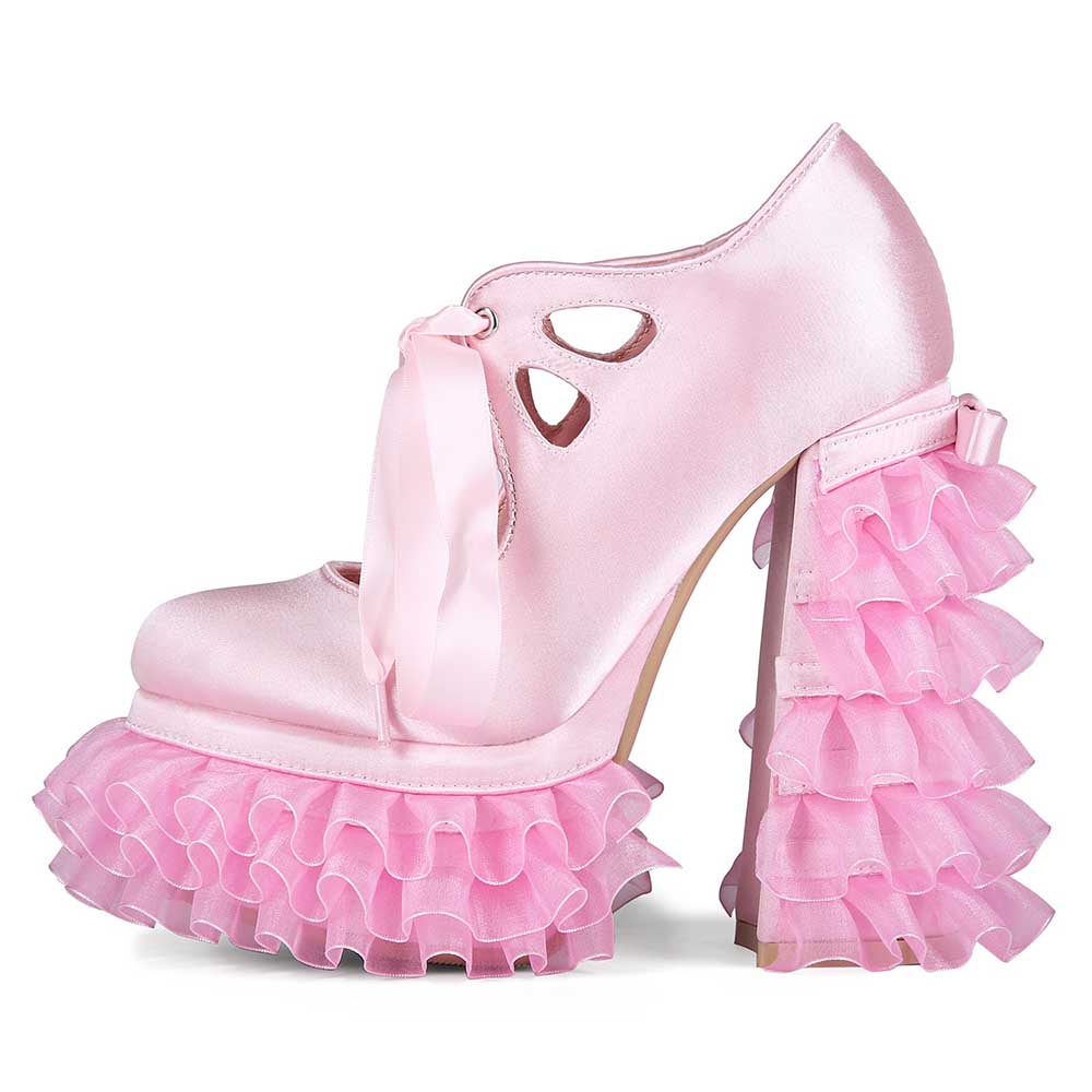 Pink Satin Frilly Platform Heels with Tulle Ruffles & Bow – Y2K Kawaii Style - Styeenigma