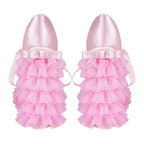 Pink Satin Frilly Platform Heels with Tulle Ruffles & Bow – Y2K Kawaii Style - Styeenigma