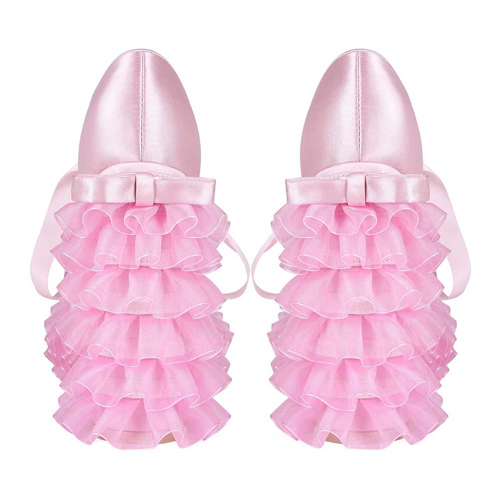 Pink Satin Frilly Platform Heels with Tulle Ruffles & Bow – Y2K Kawaii Style - Styeenigma