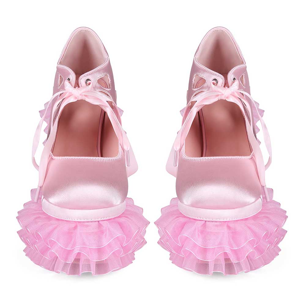 Pink Satin Frilly Platform Heels with Tulle Ruffles & Bow – Y2K Kawaii Style - Styeenigma