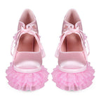 Pink Satin Frilly Platform Heels with Tulle Ruffles & Bow – Y2K Kawaii Style - Styeenigma