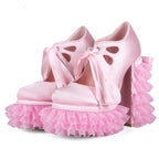 Pink Satin Frilly Platform Heels with Tulle Ruffles & Bow – Y2K Kawaii Style - Styeenigma