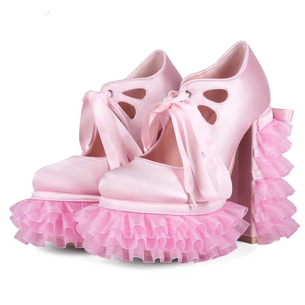 Pink Satin Frilly Platform Heels with Tulle Ruffles & Bow – Y2K Kawaii Style - Styeenigma