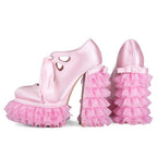 Pink Satin Frilly Platform Heels with Tulle Ruffles & Bow – Y2K Kawaii Style - Styeenigma