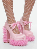 Pink Satin Frilly Platform Heels with Tulle Ruffles & Bow – Y2K Kawaii Style - Styeenigma