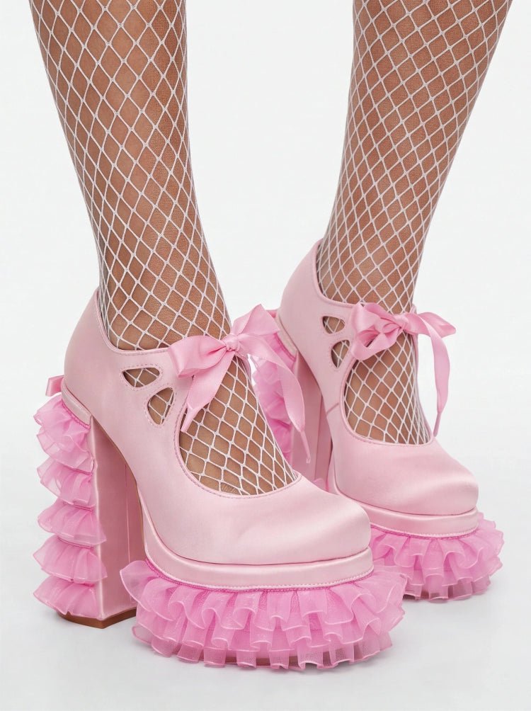 Pink Satin Frilly Platform Heels with Tulle Ruffles & Bow – Y2K Kawaii Style - Styeenigma