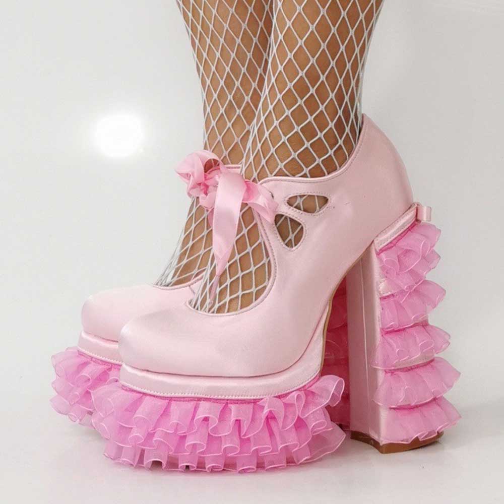 Pink Satin Frilly Platform Heels with Tulle Ruffles & Bow – Y2K Kawaii Style - Styeenigma