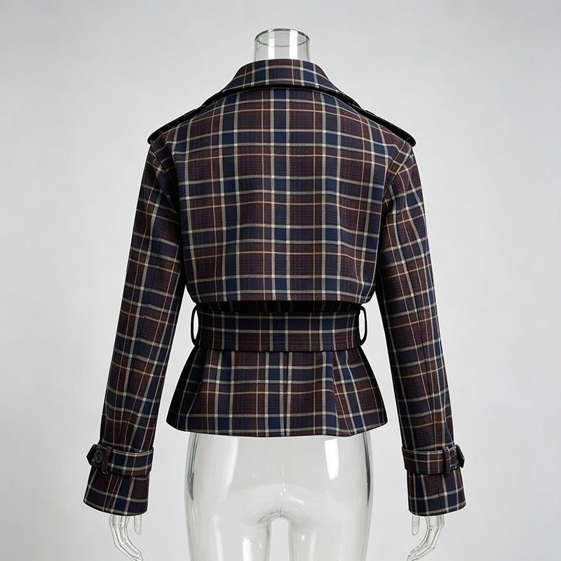 Plaid Belted Short Trench Coat Women | Double Breasted Cropped Peacoat - Styeenigma