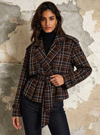 Plaid Belted Short Trench Coat Women | Double Breasted Cropped Peacoat - Styeenigma