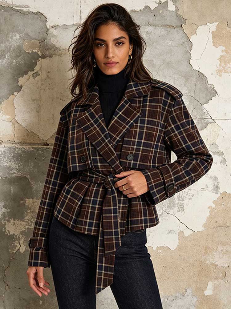 Plaid Belted Short Trench Coat Women | Double Breasted Cropped Peacoat - Styeenigma
