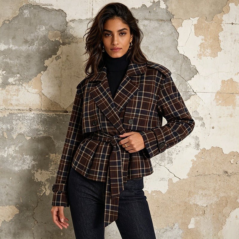 Plaid Belted Short Trench Coat Women | Double Breasted Cropped Peacoat - Styeenigma