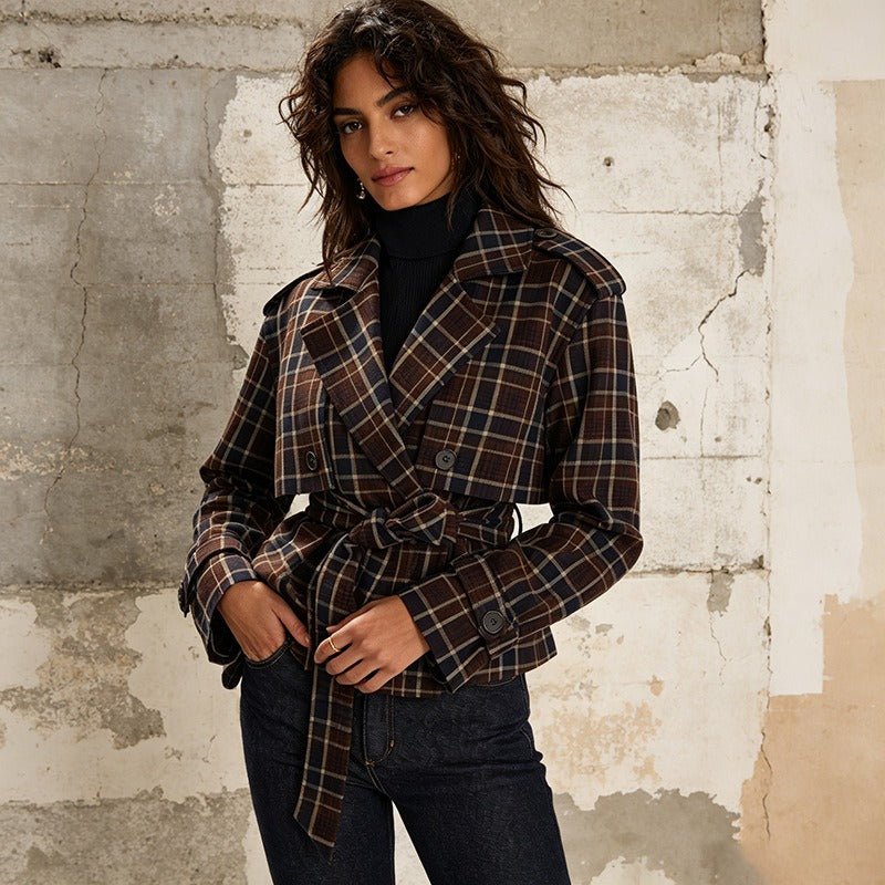 Plaid Belted Short Trench Coat Women | Double Breasted Cropped Peacoat - Styeenigma