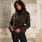 Plaid Belted Short Trench Coat Women | Double Breasted Cropped Peacoat - Styeenigma