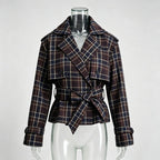 Plaid Belted Short Trench Coat Women | Double Breasted Cropped Peacoat - Styeenigma
