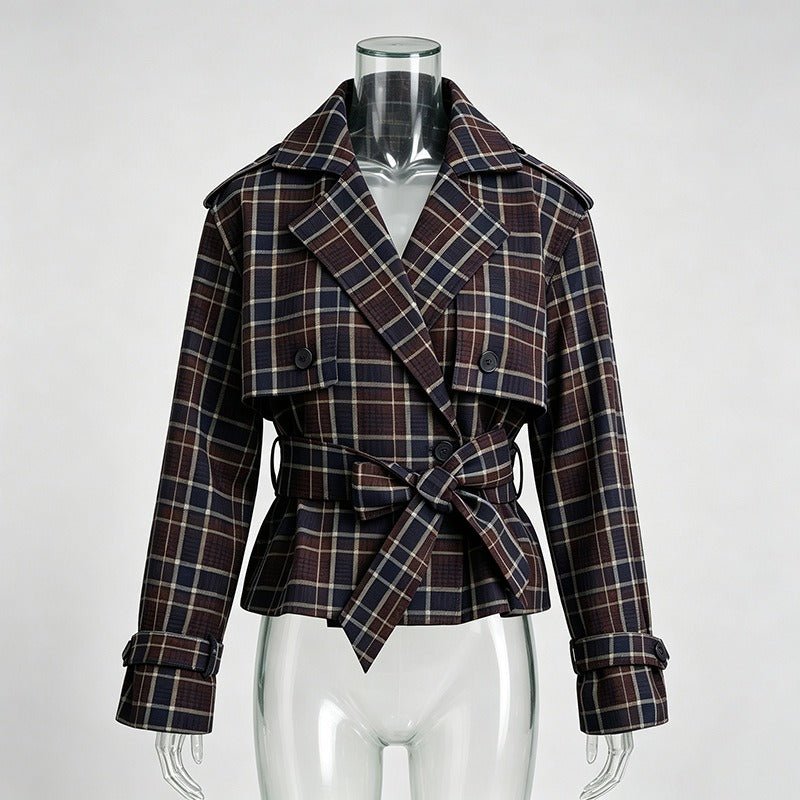 Plaid Belted Short Trench Coat Women | Double Breasted Cropped Peacoat - Styeenigma