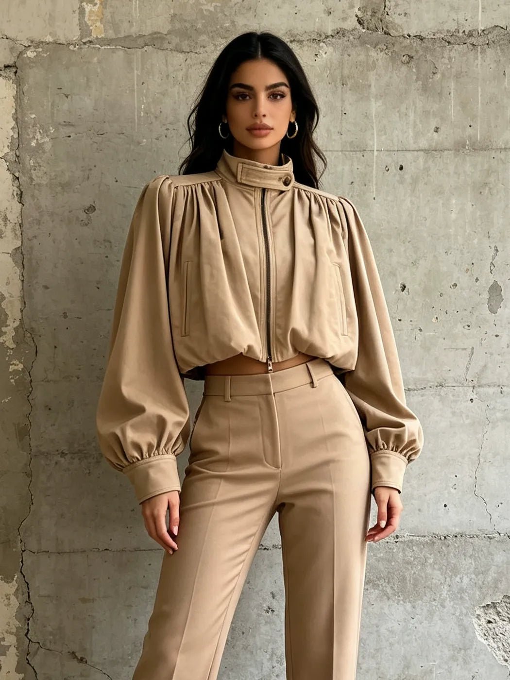 Puff Sleeve Bomber Jacket Women | Cropped Zip Up Stand Collar Jacket - Styeenigma