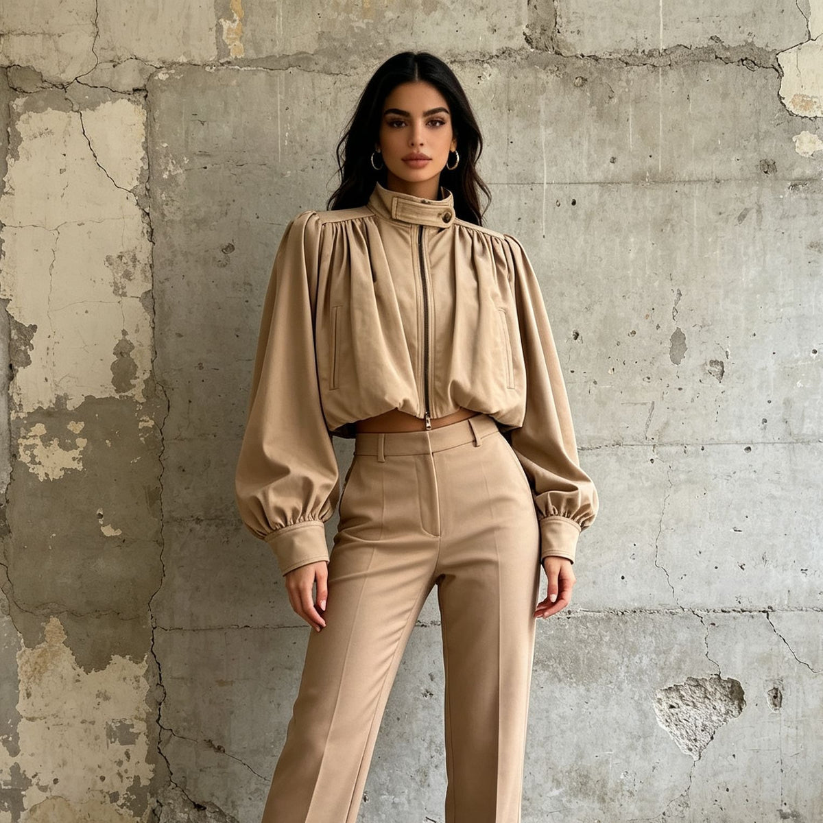 Puff Sleeve Bomber Jacket Women | Cropped Zip Up Stand Collar Jacket - Styeenigma