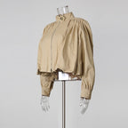 Puff Sleeve Bomber Jacket Women | Cropped Zip Up Stand Collar Jacket - Styeenigma