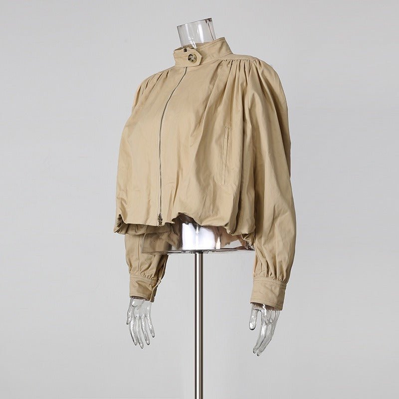 Puff Sleeve Bomber Jacket Women | Cropped Zip Up Stand Collar Jacket - Styeenigma