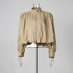 Puff Sleeve Bomber Jacket Women | Cropped Zip Up Stand Collar Jacket - Styeenigma