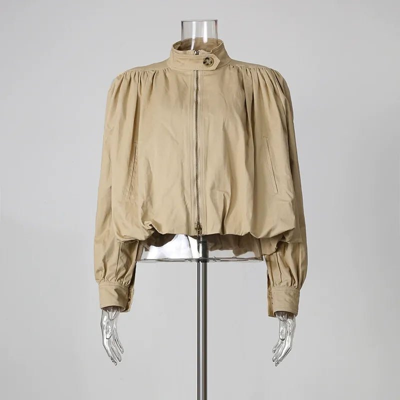 Puff Sleeve Bomber Jacket Women | Cropped Zip Up Stand Collar Jacket - Styeenigma