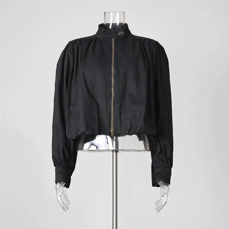Puff Sleeve Bomber Jacket Women | Cropped Zip Up Stand Collar Jacket - Styeenigma