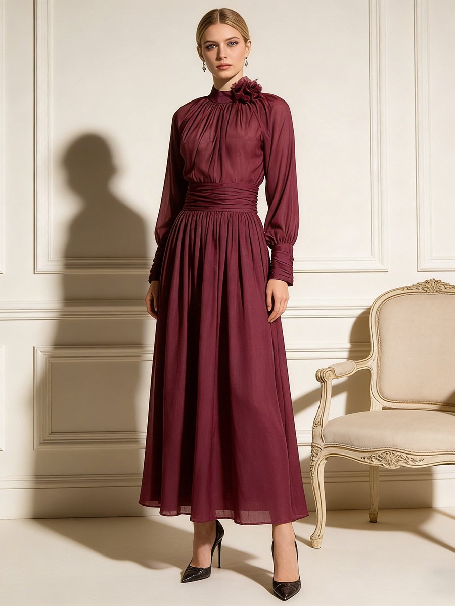 Deep Wine Maxi Dress Women's Floral High Neck Pleated A-Line Long Sleeve Dress - Styeenigma