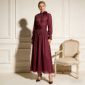 Deep Wine Maxi Dress Women's Floral High Neck Pleated A-Line Long Sleeve Dress - Styeenigma