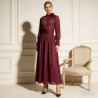 Deep Wine Maxi Dress Women's Floral High Neck Pleated A-Line Long Sleeve Dress - Styeenigma