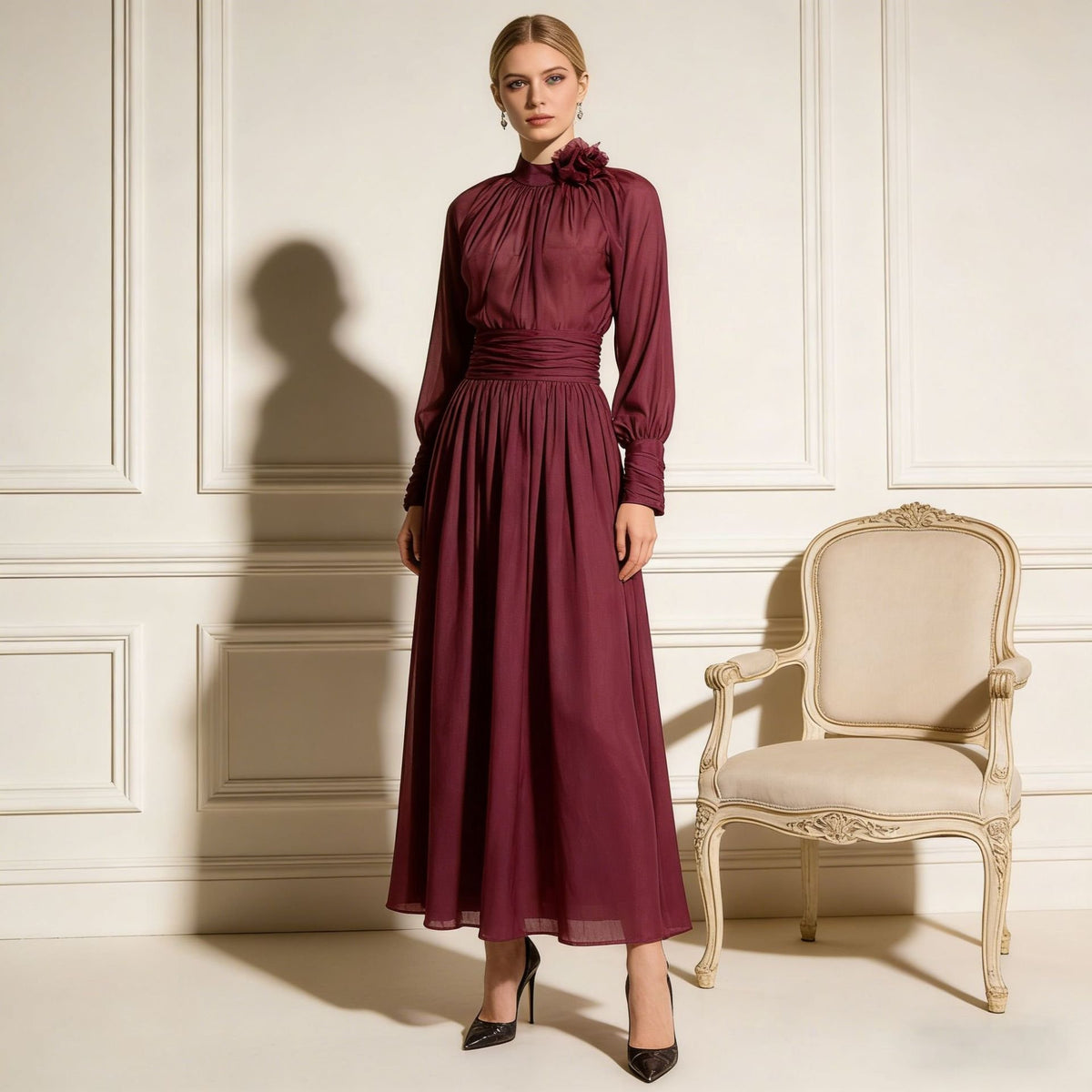 Deep Wine Maxi Dress Women's Floral High Neck Pleated A-Line Long Sleeve Dress - Styeenigma