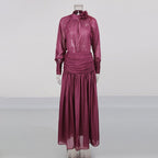 Deep Wine Maxi Dress Women's Floral High Neck Pleated A-Line Long Sleeve Dress - Styeenigma